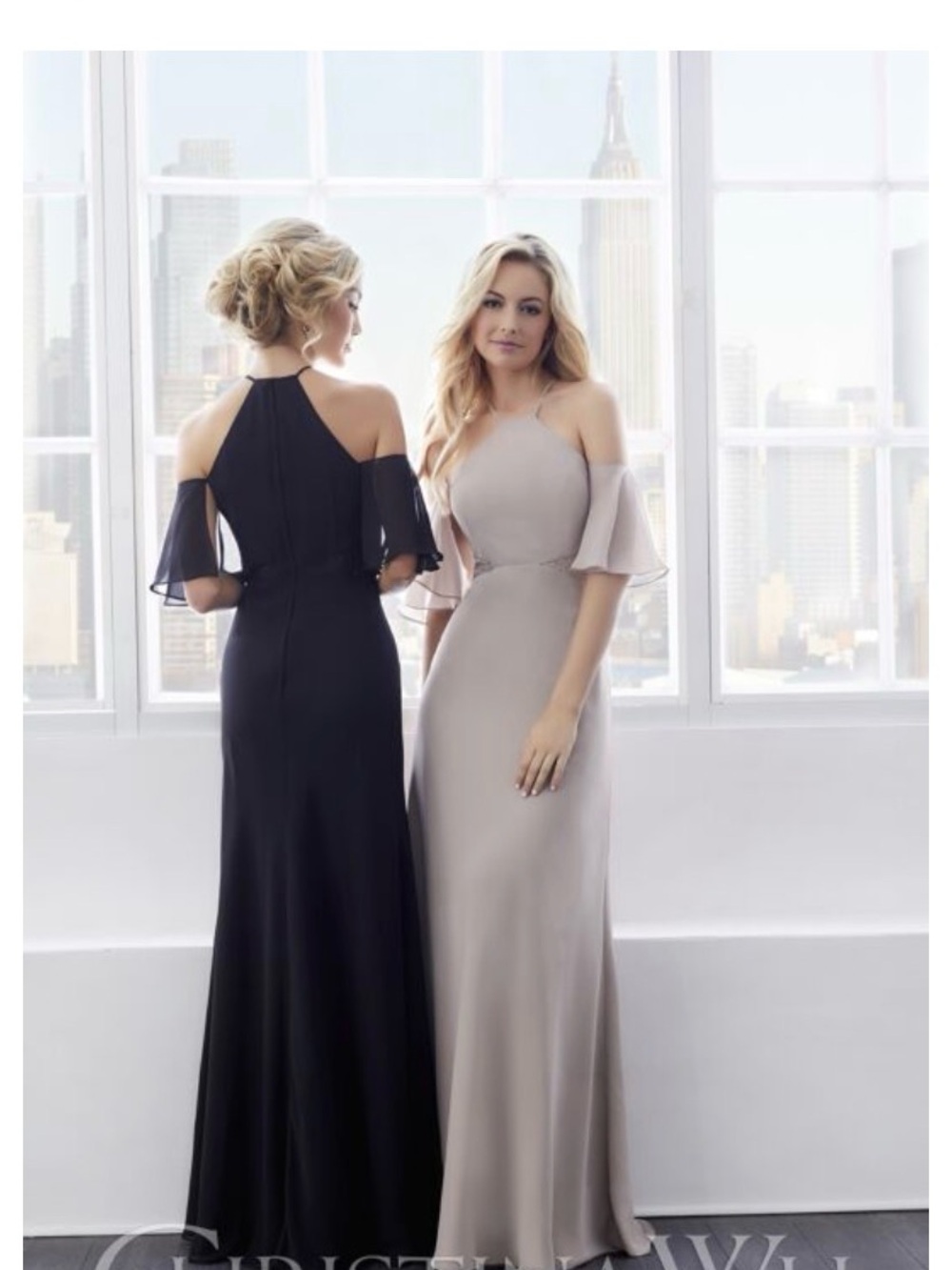 NWOT Christina Wu 22829 Cold Shoulder Chiffon Charcoal colored Dress